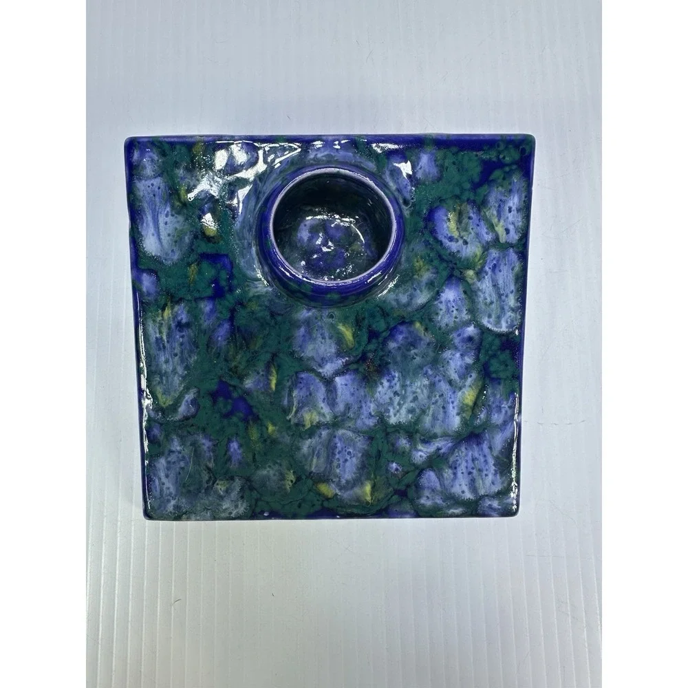 VINTAGE ART POTTERY IKABANA WARE VASE BLUE PURPLE CERAMIC GLAZED SQUARE